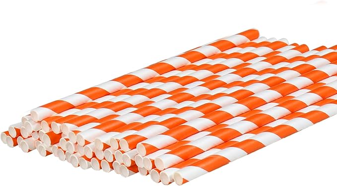 Compostable 7.75 inch Orange White Striped Paper Drinking Straws, 100 Counts - for Cocktail, Juice, Coffee, Bars, Restaurants
