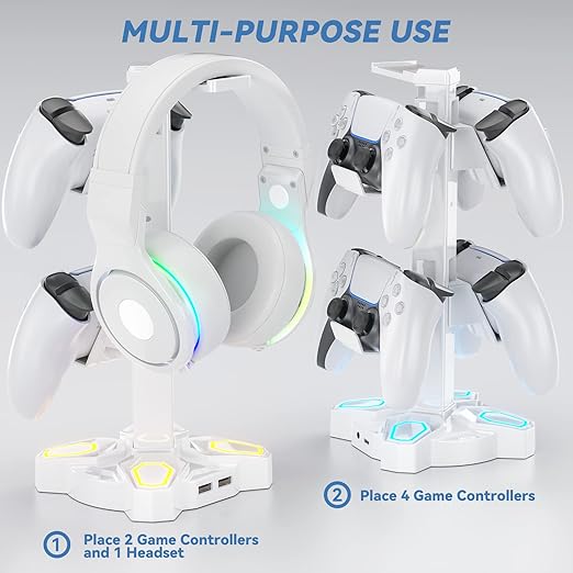 KDD Gaming Headphones Stand, Rotatable Headset Stand with Light Modes - Controller Holder with 2 USB Charging Ports and 3.5mm - Earphone Hanger Accessories for Desktop Gamer(White)