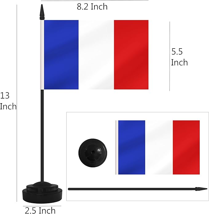 2 Pack France Desk Flag Set, French Desktop Small Miniature Table Office Flag with 12" Black Pole and Black Base, Offices, Classroom, Home, Festival Decoration (France)