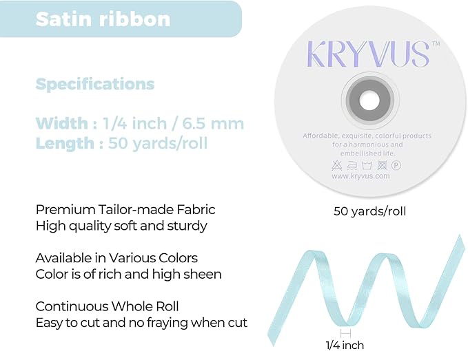 Light Blue Satin Ribbon 1/4 inch X Continuous 50 Yards, Single Face Polyester Ribbon Perfect for Gift Wrapping, Flower Bouquet, Wedding Decor, Crafts, Bow Making, Sewing and More