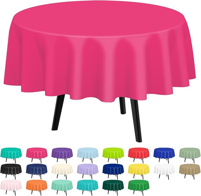 QIKSION Hot Pink Round Tablecloth 6 Pack, 84 Inch Plastic Table Cover Disposable for Parties