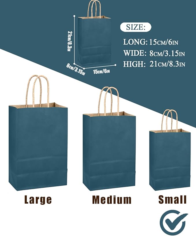 qiqee Ink Blue Gift Bag with Handles Bulk 24Pcs Paper Bags -8.3"x6"x3. 15" Party Favor Bags - Solid Color