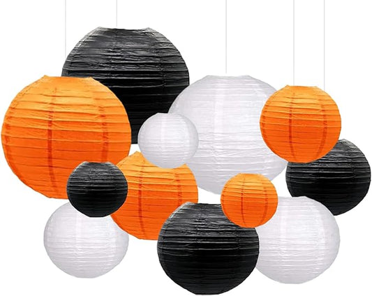 Orange Black White Paper Lanterns Decorative 12pcs Halloween Hanging Decorations for Graduation Thanksgiving Birthday Party Decorations
