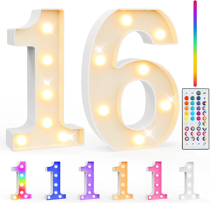 Pooqla 16th Birthday Decorations for Girls Boys, 35 Colors LED Light Up Numbers with Remote, Color Chaning Marquee Numbers Gift for Sweet 16 Party Decoration Wedding Anniversary Decor, Number 16