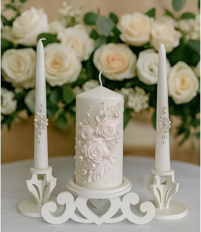 Unity Candle Set - Wedding Ceremony & Reception – 6” Pillar & Two 10” Taper Candles – Long Burning Unity Candles for Marriage Ritual – Handmade in USA – White|Florals|Classic