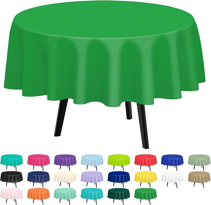 QIKSION Green Round Tablecloth 3 Pack, 84 Inch Plastic Table Cover Disposable for Parties