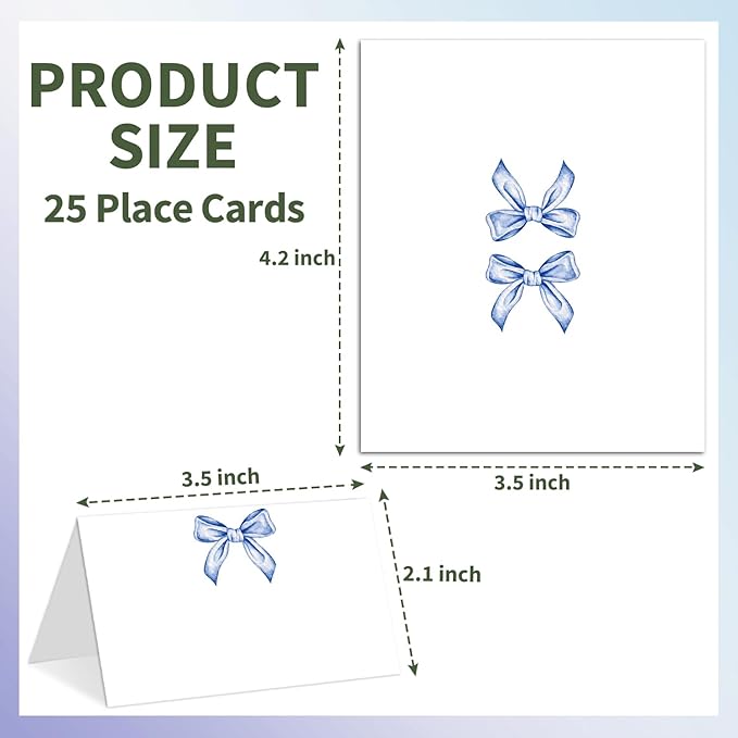 25 Blue Bow Place Cards for Table Seating, Watercolor Wedding Name Place Card, Tent Cards for Birthday Bridal Shower Baby Shower Reception Dinner Party Decorations -A22