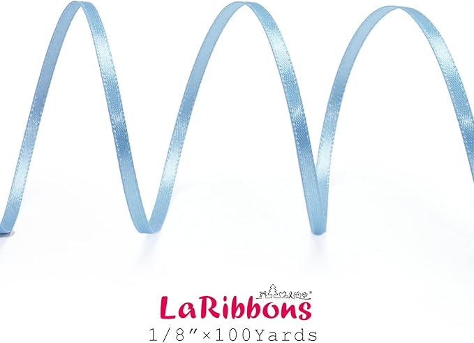 LaRibbons Light Blue Satin Ribbon 1/8 Inch 100 Yards Thin Luxury Double Faced Sky Blue Silk Ribbon for Flower Bouquet Crafts Gift Wrapping Wedding Babyshower Decoration