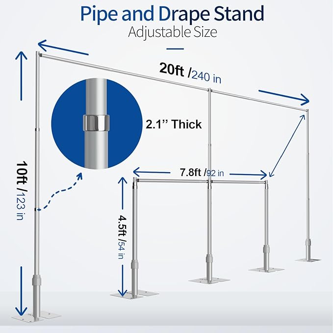Pipe and Drape Backdrop Stand, 20x10ft Heavy Duty Adjustable Background Frame with Metal Base, Back Drop Holder for Parties Photography Wedding Photoshoot Decoration