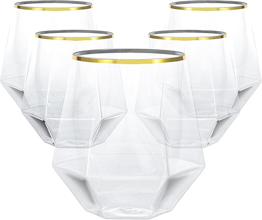 Goodluck 40 PCS Diamond Stemless Plastic Wine Whiskey Glasses, 12 Oz Disposable Cocktail Glasses, Suitable for Weddings, Birthday Parties, Family Gatherings, Bars, etc （Gold rimmed cups）