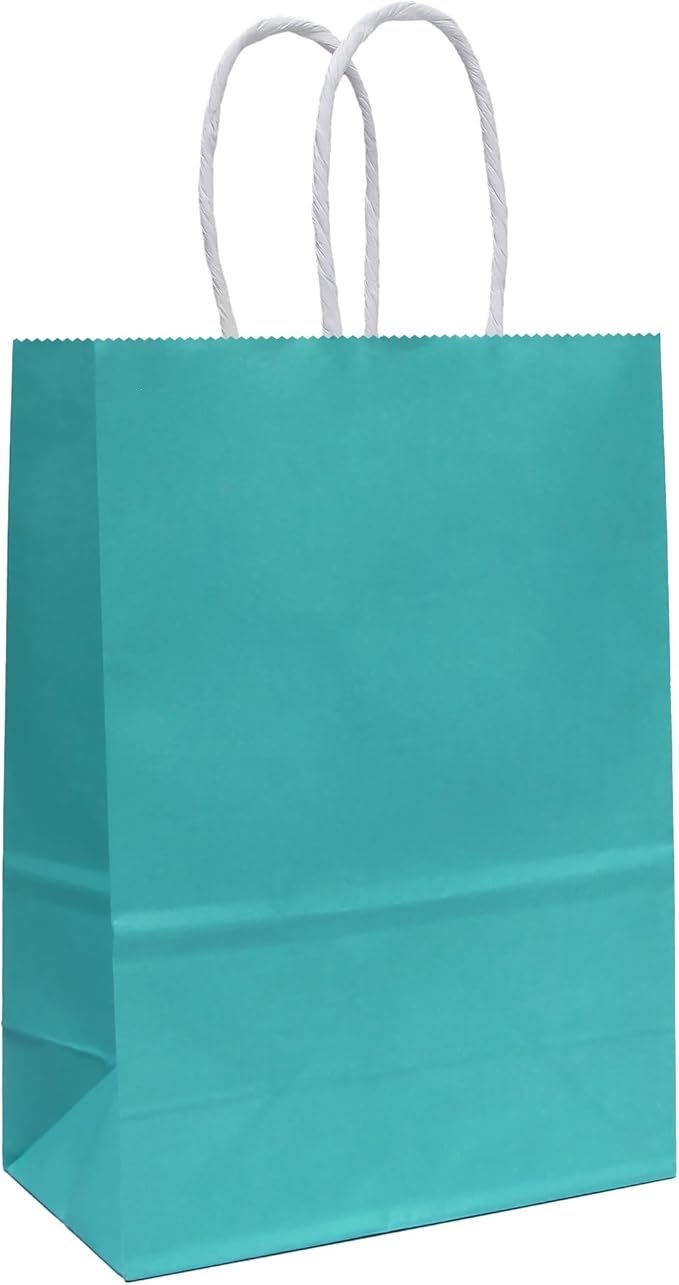 25 PCS Small Gift Bags Teal Blue Kraft Paper Bags Turquoise Gift Bags with Handles for Party Favors (8.2 x 6 x 3.1 In)