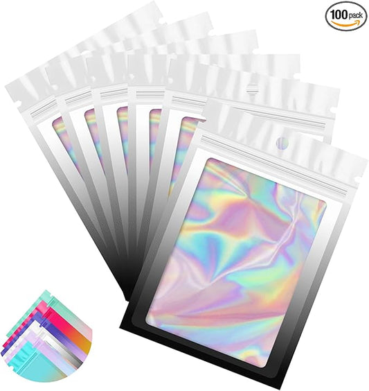 Funfery 100 Pack Gradient Holographic Bags,Resealable Bags with Zipper,Clear Window Packaging Pouchs,Foil Bag for Food Storage,Sample Jewelry Bag(4×6In,White Black)