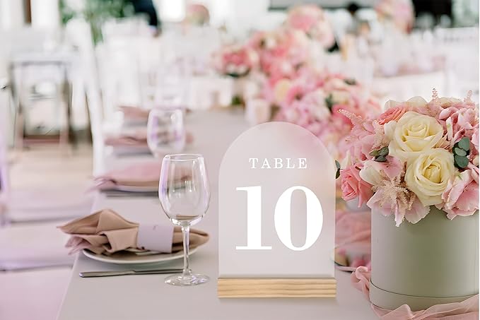 Wedding Table Numbers 1-20, Acrylic Arch Signs with Natural Wood Stands Holders, Rustic Table Decor for Reception & Parties (Frosted White)