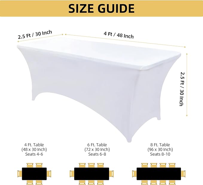 6-Pack 4ft White Spandex Table Covers for Rectangular Folding Tables - Wrinkle Resistant Stretch Tight Table Cloths - Ultimate Fitted Table Protector for Parties, Trade Shows, and Wedding