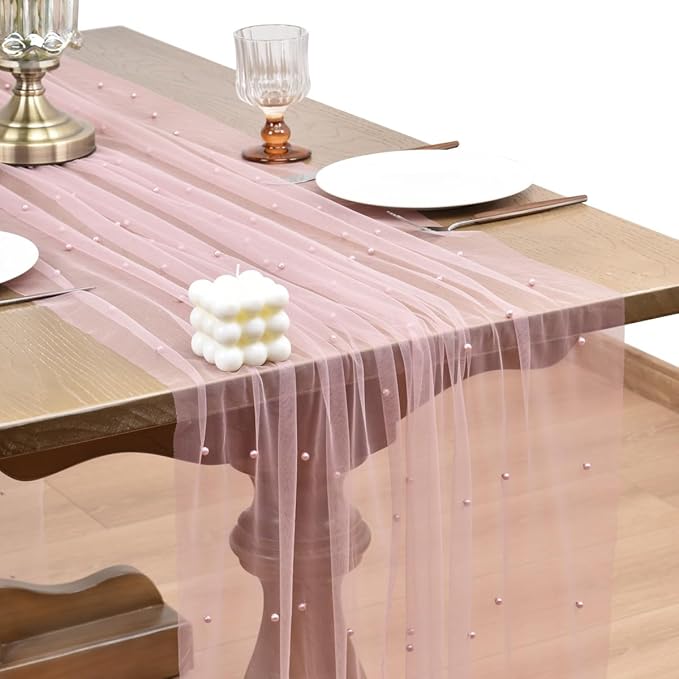 Joanlody Fall Pearl Table Runner 10ft Rustic Boho Tulle Table Runner with Pearls for Baby Shower Wedding Party Veil Dessert Thanksgiving Table Decor Dusty Rose 4pcs