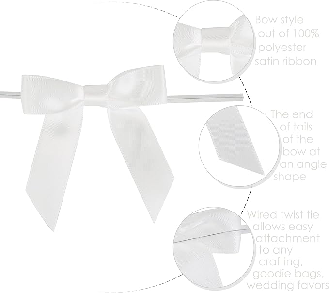 AIMUDI White Bows Bulk 2.5" Christmas Bows Premade Small Bows Pre Tied Mini White Stick On Bows for Wedding Favor Twist Tie Bows for Baby Shower Decorations Bows for Gift Wrapping - 50 Counts