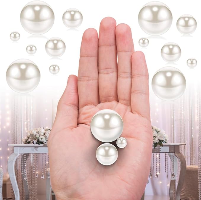 300Pcs White Polished No Hole Faux Pearl Beads for Vase Filling Decorations, Plastic Pearls Vase Fillers, Table Scatters, Wedding Centerpiece, Home Decor, 8/14/20 mm