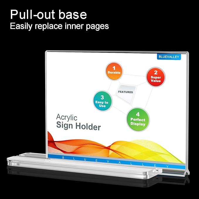 BlueValley 12 Pack Acrylic Sign Holder 8.5 x 11 Inch Horizontal - Clear Display Plastic Table Menu Signs Stand, Double Sided Flyer Holder Standing for Picture Paper Frame Holder Stand Home Office Retail Show Fair