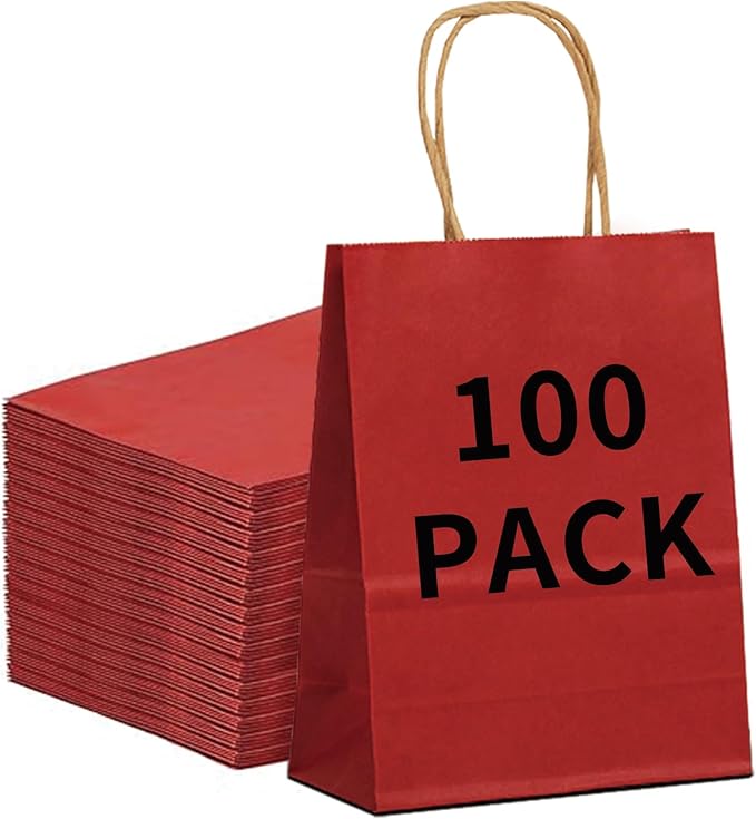 BAG BOX 100 Pack Medium 8.25x4.3x10.6 Inch Red Kraft Paper Gift Bags with Handles for Bulk Shopping, Retail, Craft, Party Favors, Wedding, Grocery & Sacks