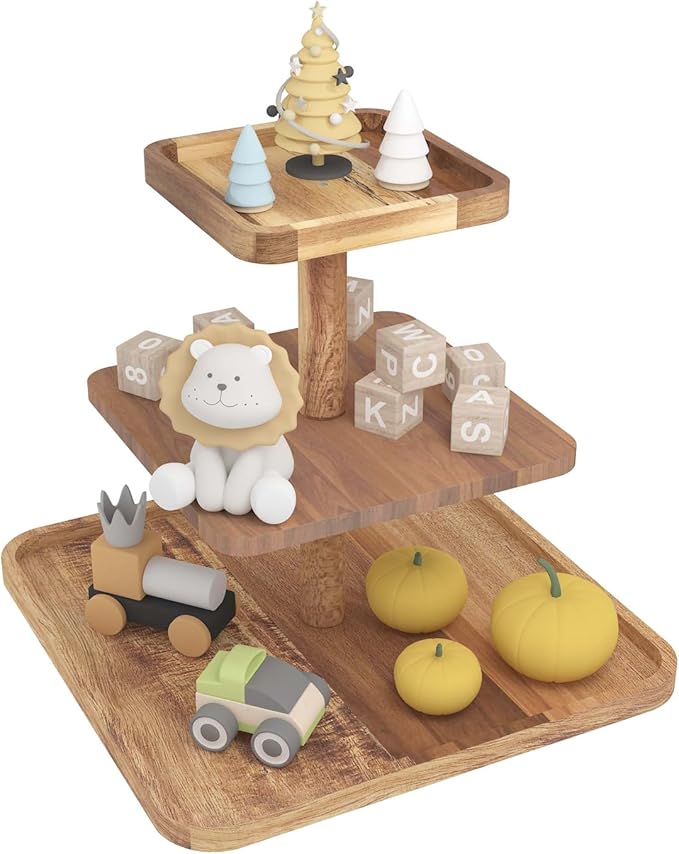 Acacia Wood 3 Tier Cupcake Stand with 2 Removable Snack Tray, Rustic Square Cup Cake Tower Stand for 25 Cupcakes, Display Cakestand for Wedding, Birthday, Serving Tea Party, Natural