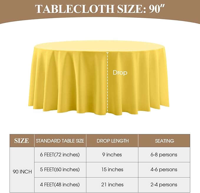 Round Tablecloth 6 Pack 90 Inch Yellow Tablecloths Washable Decorative Linen Polyester Table Clothes Cover for Dining Table Banquets Buffet Parties and Wedding