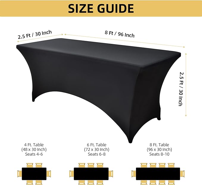 2-Pack 8ft Black Spandex Table Covers for Rectangle Folding Tables - Washable Elastic Tablecloth - Ultimate Fitted Table Protector for Birthday Parties, Trade Shows, Banquet