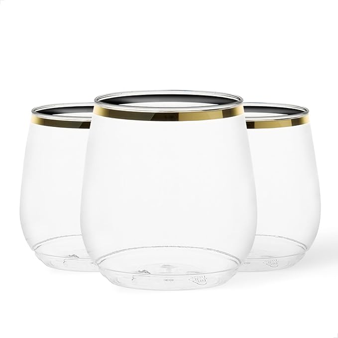 TOSSWARE POP Gold Rim 12oz Vino Jr Set of 12, Premium Quality, Recyclable, Unbreakable & Crystal Clear Plastic Cocktail Glasses