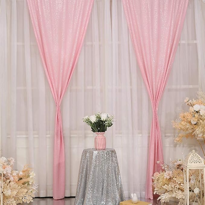 SquarePie Sequin Curtain 2FT x 8FT Pink 2pcs Backdrop Sparkly Wedding Valentine's Day Party Decoration
