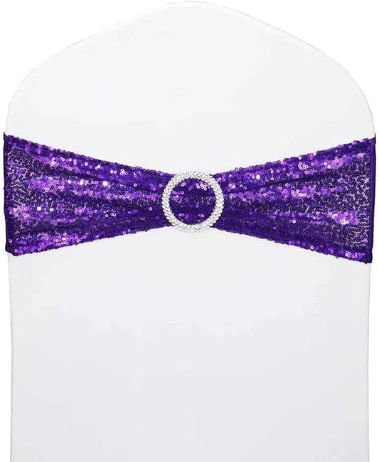 Chair Sashes Sequin Stretch Chair Bands Spandex Polyester Bows for Party Hotel Wedding Banquets Decoration - 6 Pcs Purple