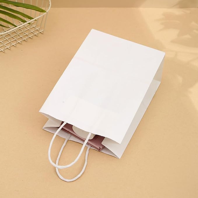 piqiya Small Plain Natural Paper Kraft Gift Bags with Handles White Paper Bag for Birthday Wedding Party Grocery Retail Business Goodie Bags (White，24pcs)