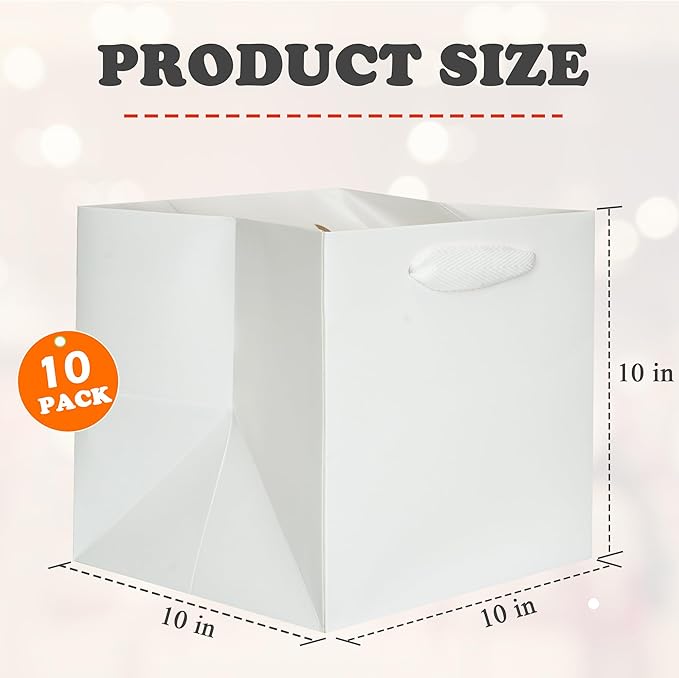 ADIDO EVA White Square Gift Bags Medium Size Square Bottom Paper Bags with Handles for Party Favor, Shopping Bag (10x10x10 In, 10 CT)