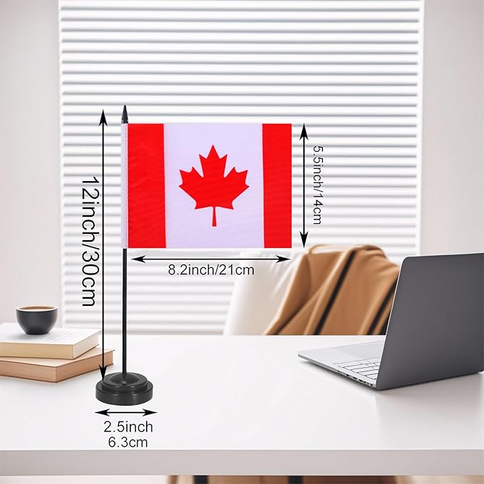 Canada Desk Flag 12" Solid Pole Deluxe Set Canadian Flags Banner Mini Small Canada Office Table Flags with Black Stand Base Desktop Decorations(2Pack)