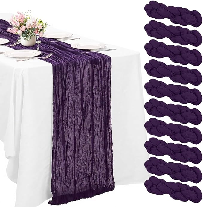 10 Pack Purple Cheesecloth Table Runner -21*120Inch Long Boho Wedding Table Decor, Rustic Gauze Fabric Runner for Bridal Showers, Baby Showers & Parties (Sheer, Lightweight, Wrinkled Design)