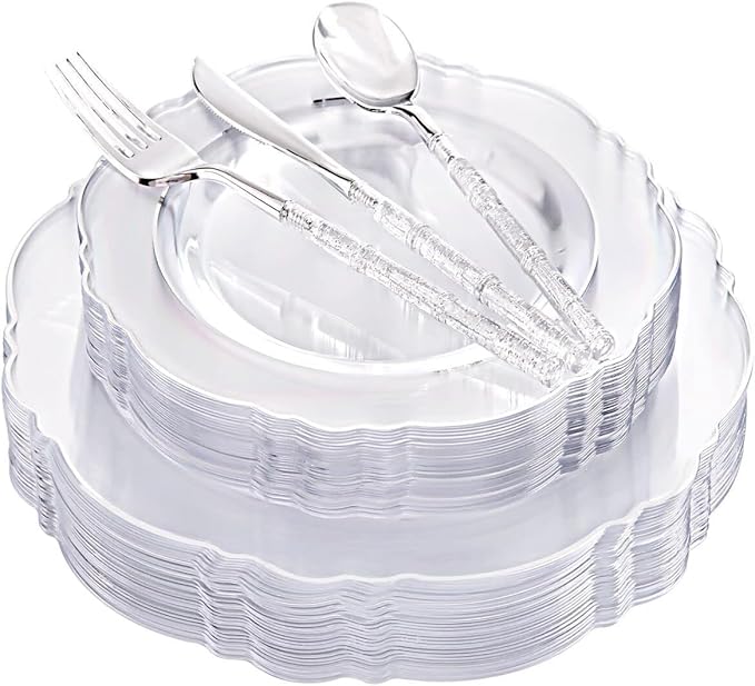 Liacere 150PCS Clear Silver Plastic Plates & Disposable Silver Plastic Silverware with Glitter Bamboo Handle Cutlery-Baroque Clear Disposable Plates for Wedding & Easter day & Mother's Day