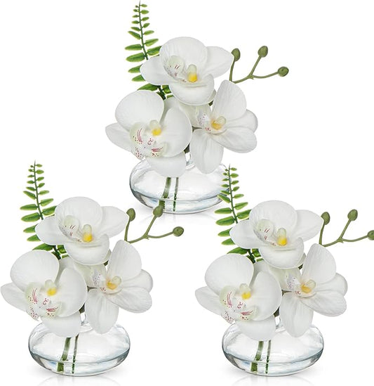 White Orchids Artificial Flowers Faux Orchids Arrangement in Clear Glass Vases Set of 3 Real Touch Phalaenopsis Orchid Flowers Small Fake Orchid Centerpiece for Dining Room Table