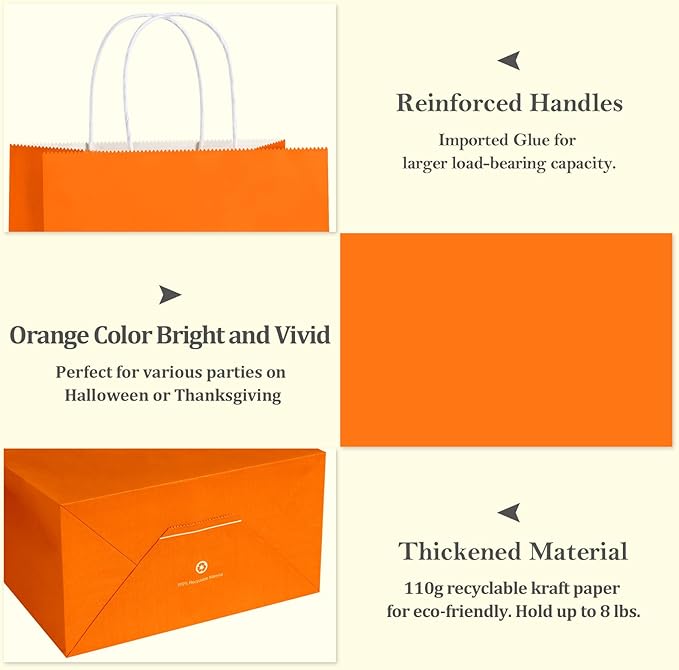 BagDream 8x4.25x10.5 Inch 100Pcs Orange Gift Bags Medium Size, Kraft Paper Bags with Handles Bulk for Halloween, Sporting Party Favors, Fall Festivals, Wedding, Retail, Grocery