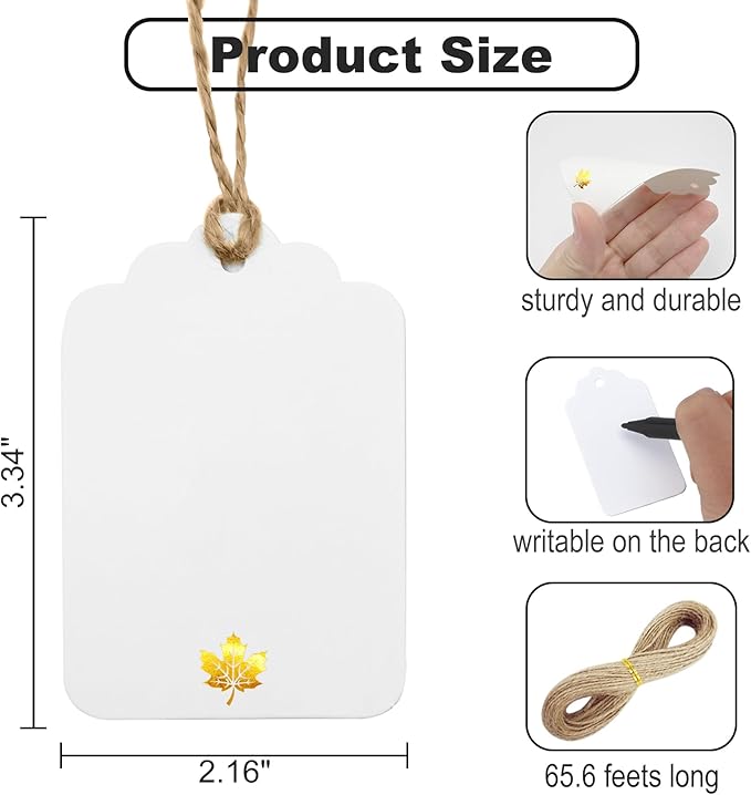 100 Pcs Blank Gift Tags with String Gold Foil Maple Leaf Fall Large Gift Tags with 65 Ft Jute Twine White Paper Cute Tags for Fall Autumn Thanksgiving Harvest Party Gift Wrap Tags