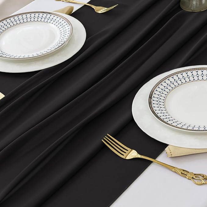 2 Pack 10 Ft Chiffon Table Runner Black Gauze Long Table Runners 27x120 Inches Sheer Tulle Table Runner for Rustic Wedding Reception Bridal Shower Decorations Birthday Party