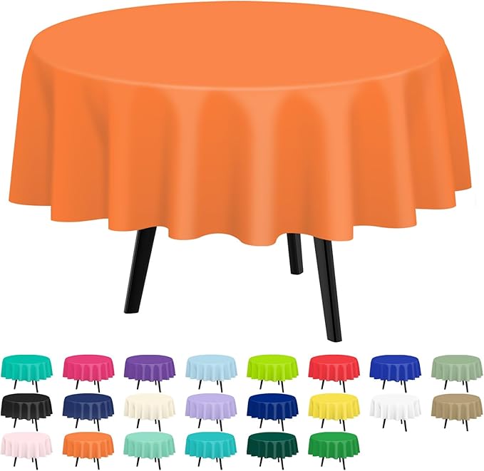 QIKSION Orange Round Tablecloth 12 Pack, 84 Inch Plastic Table Cover Disposable for Parties