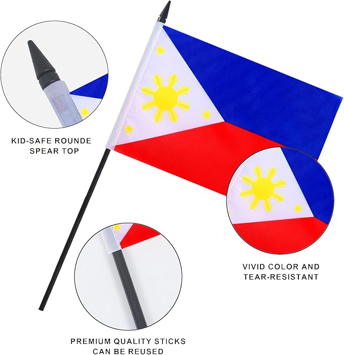 Philippines Desk Flag 12" Solid Pole Deluxe Set Filipino Flags Banner Mini Small Philippines Office Table Flags with Black Stand Base Desktop Decorations(2Pack)