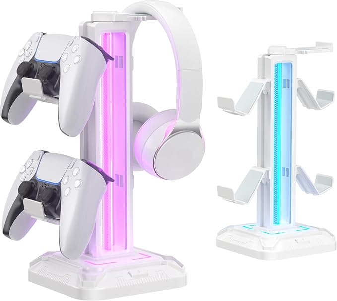 KDD RGB Headset Stand with 9 Light Modes - Controller Holder for Desk - Rotatable Headphone Stand & Detachable Controller Hook for PC Earphone Accessories(White)