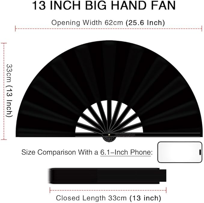 13" Large Folding Rave Fan with Holster, Clack Hand Fans Foldable for Line Dancing, Boots On The Ground Fan for Women Men Festival EDM Party Decoration, Black