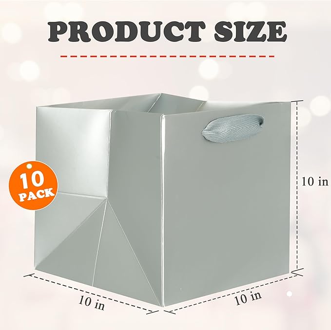 ADIDO EVA Silver Square Gift Bags Medium Size Square Bottom Paper Bags with Handles for Party Favor, Shopping Bag (10x10x10 In, 10 CT)