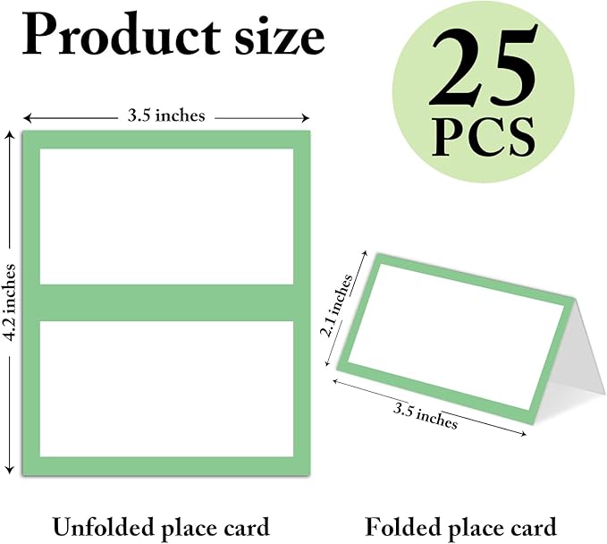 25 Pack Green Border Place Cards, Editable Name Cards for Table Setting, Tent Cards Food Label for Dinner Party, Bridal Shower, Wedding, Baby Shower and Events -T25
