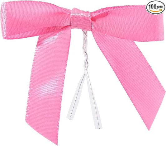 Juvale Pink Twist Tie Gift Bows - Pre-Tied Mini Bows for Crafts & Ribbon Twist Ties for Treat Bags - 100 Count, 3 x 2.5 in, Satin