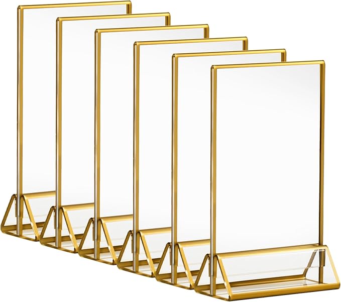 6 Pack Acrylic Sign Holder with Gold Borders, 4x6'' Double-Sided Menu Stands Clear Picture Frames for Restaurant Menu Signs, Wedding Table Numbers, Exhibition & Art Display