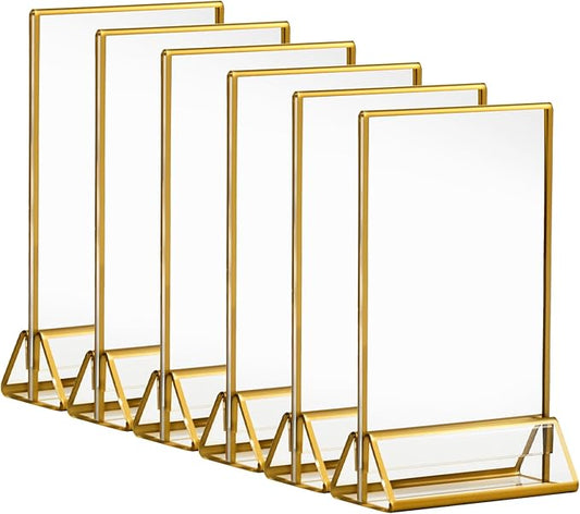 6 Pack Acrylic Sign Holder with Gold Borders, 4x6'' Double-Sided Menu Stands Clear Picture Frames for Restaurant Menu Signs, Wedding Table Numbers, Exhibition & Art Display
