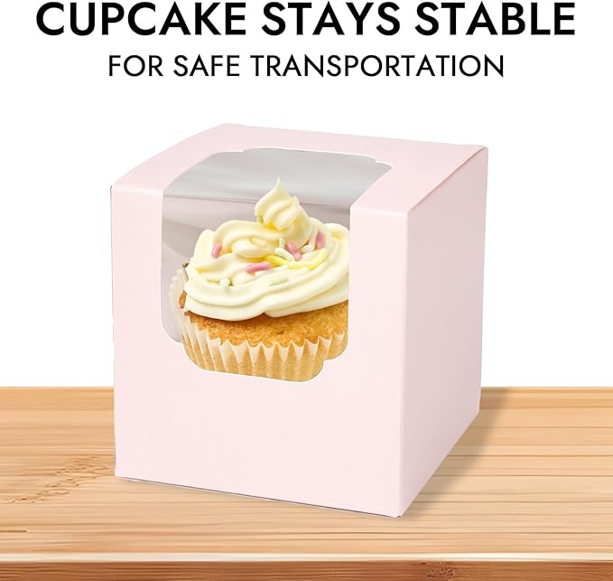 JCD 120 Pcs Individual Pink Cupcake Box with Insert, Cupcake Boxes Auto-pop up Individual Cupcake Container Brown PINK 3.5" x 3.5" x 3.5" Single Cupcake Boxes(Pink/120Pcs)