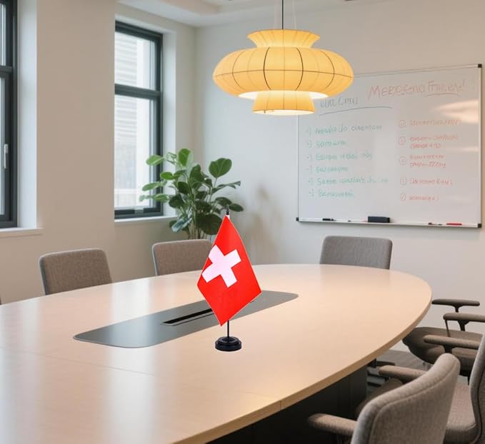 Switzerland Desk Flag 12" Solid Pole Deluxe Set Swiss Flags Banner Mini Small Switzerland Office Table Flags with Black Stand Base Desktop Decorations(2Pack)