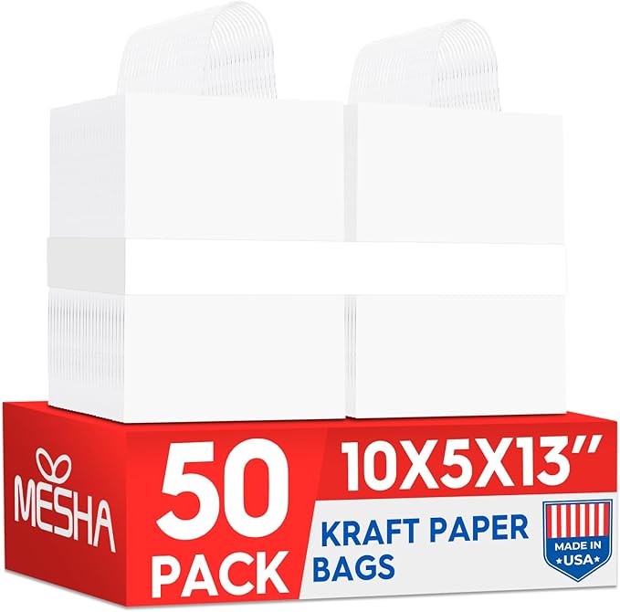 MESHA White Paper Bags whit Handles 10x5x13 Inch 50 Pack, Large Kraft Paper Gift Bags with Handles Bulk for Small Business, Shopping, Party
